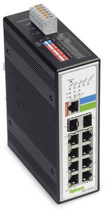 Černý síťový switch s deseti ethernetovými porty a barevně označenými poli. Na horní straně je šedý připojovací blok.