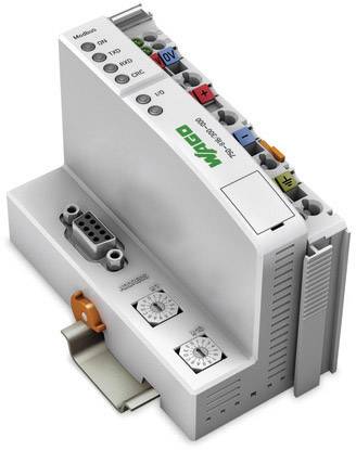 WAGO 750-652 modul, kompaktní automatizační zařízení s několika vstupy a spínači pro řízení funkcí.