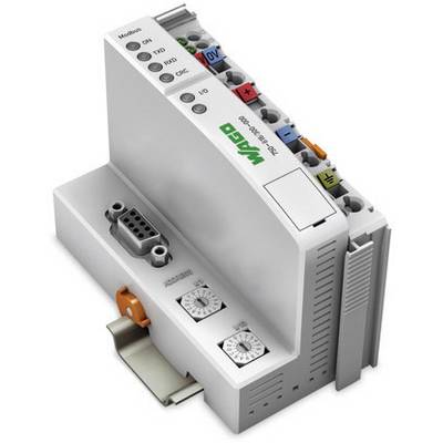 WAGO 750-652 modul, kompaktní automatizační zařízení s několika vstupy a spínači pro řízení funkcí.