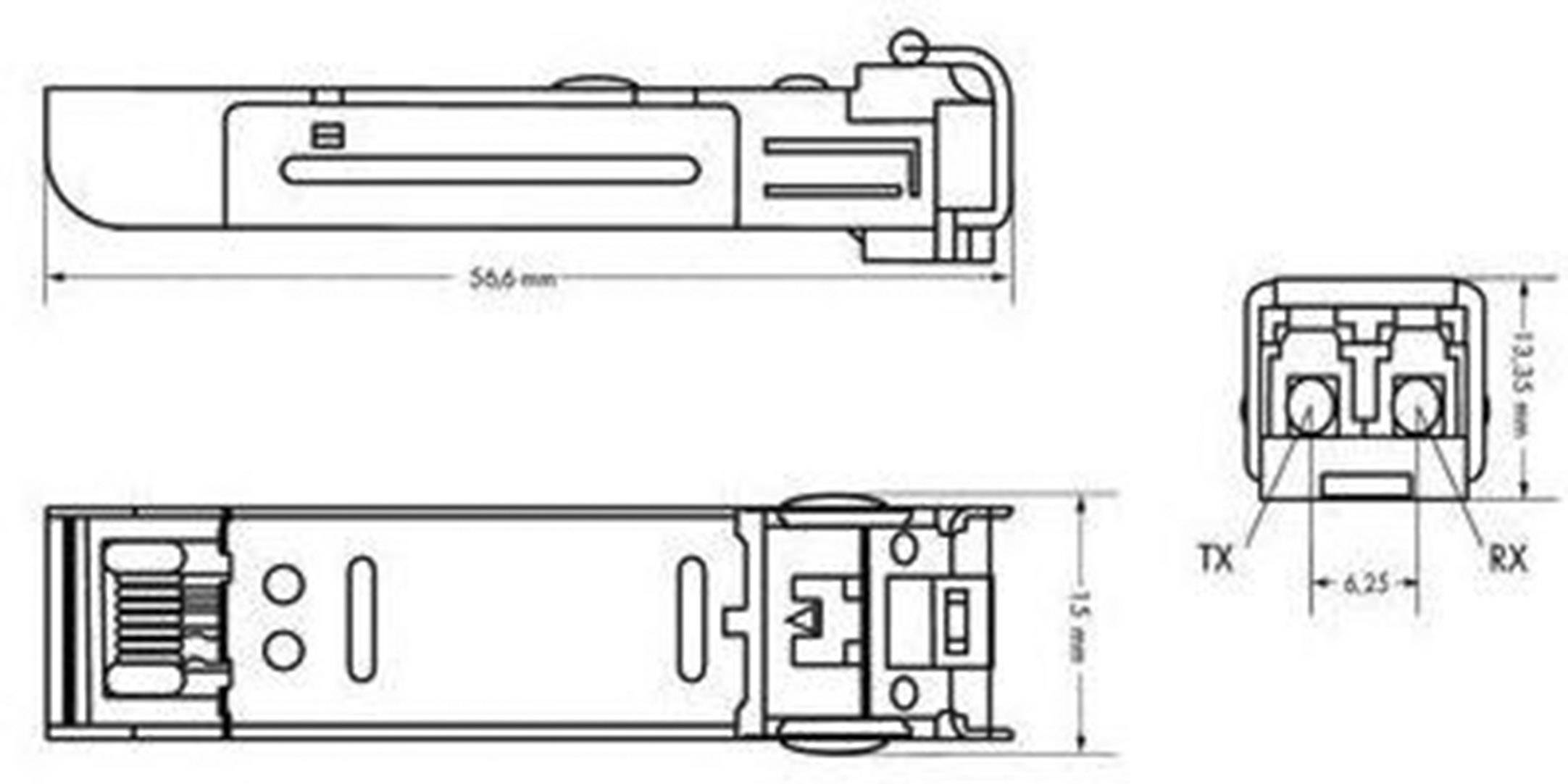 Technický výkres zástrčky s rozměry: délka 56,6 mm, šířka 15 mm. Detailní pohled na konektory: TX a RX.