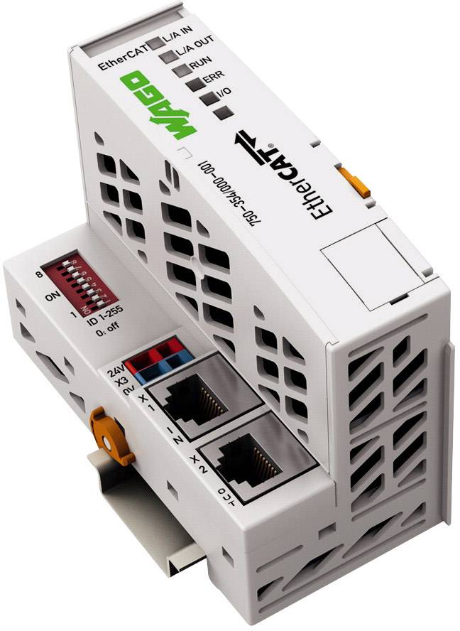 Modul WAGO EtherCAT koupleru s několika přípojkami, DIP přepínači pro nastavení ID a LED indikátory pro stavy I/O a chyb.