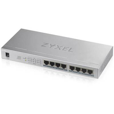 Šedý síťový switch od Zyxelu s osmi ethernetovými porty na přední straně a LED indikátory pro stav a síťovou aktivitu.