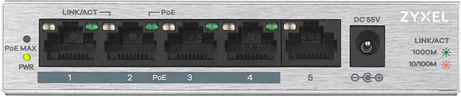Síťový switch s pěti ethernetovými porty, napájecím konektorem vpravo a LED indikátory pro připojení a aktivitu. Značka: Zyxel.