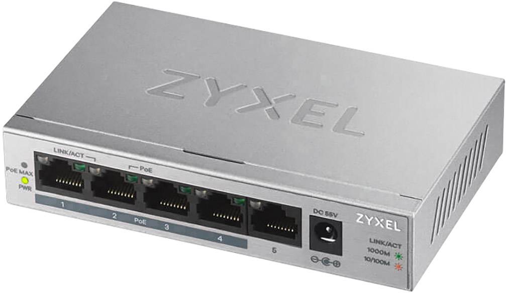 Stříbrný síťový switch značky Zyxel s pěti ethernetovými porty a zelenými LED indikátory na přední straně.