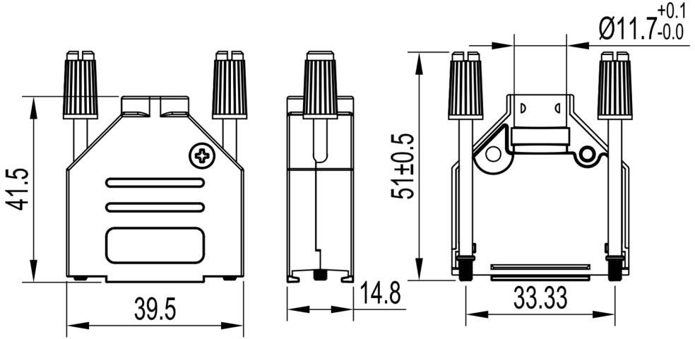 Technický výkres konektoru s rozměry: šířka 39,5 mm, výška 41,5 mm, hloubka 14,8 mm, rozteč kontaktů 33,33 mm.