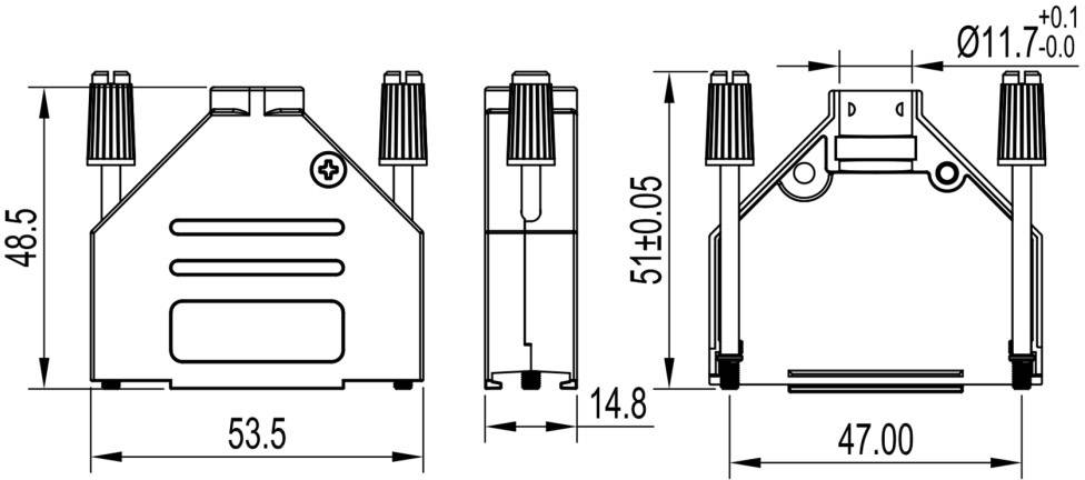 Technický výkres konektoru s rozměry: šířka 53,5 mm, výška 48,5 mm, hloubka 14,8 mm. Znázorňuje tři pohledy.
