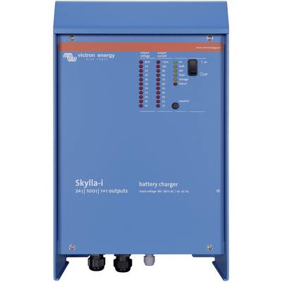 Modrá nabíječka baterií Blauer 'Skylla-i' od společnosti Victron Energy s indikačními kontrolkami a ovládacími tlačítky na přední straně.