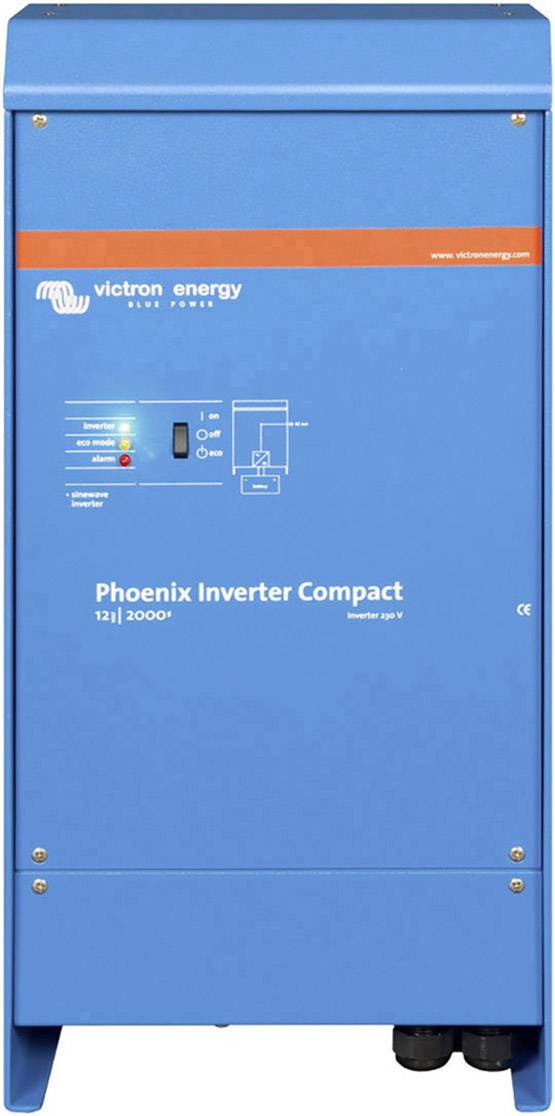 Modrý invertor Phoenix Compact od společnosti Victron Energy s ovládacími prvky a stavovými indikátory na přední straně.