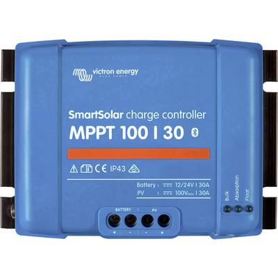 Modrý solární regulátor nabíjení Victron Energy SmartSolar MPPT 100/30 pro efektivní solární nabíjení. Podporuje 12/24V, vybaven Bluetooth, certifikován IP43.