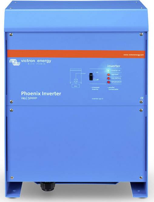 Modrý 'Phoenix Inverter' od společnosti Victron Energy. Měnič má na přední straně LED indikátory pro zobrazení stavu a provozu.