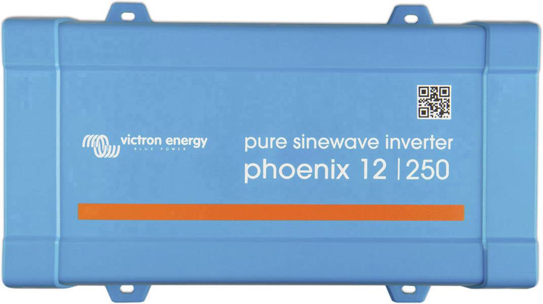 Modrý měnič napětí 'Victron Energy', model 'Phoenix 12 | 250', s čistým sinusovým výstupem a QR kódem na horní straně.