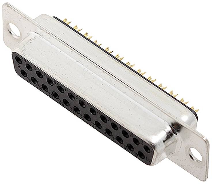 Kovový konektor s mnoha zlatými kolíky a černým plastovým krytem, vhodný pro elektronická zařízení.