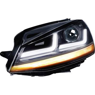 Automobil světlomet s moderním LED designem, horizontálními bílými denními světly a oranžovým blinkrem pod nimi.
