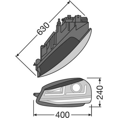 Rozměry autořízení: délka 630 mm, výška 240 mm, šířka 400 mm. Zobrazuje boční a přední pohled na světlomet.