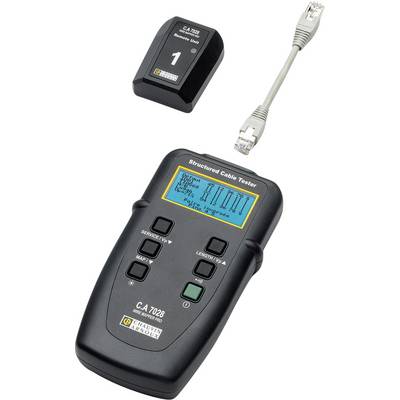 Kabelový tester C.A 7028 zobrazuje měření připojení. Je vidět samostatný modul a síťový kabel.