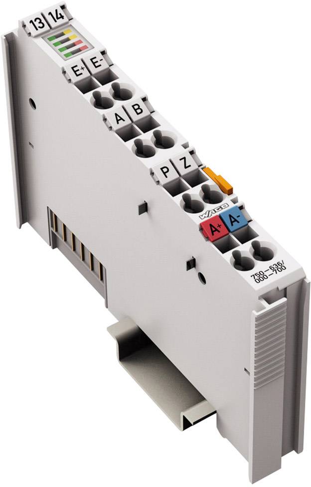 Elektrický modul s několika připojovacími svorkami, barevně kódovanými značkami pro různé přípojky a instalační lištou.