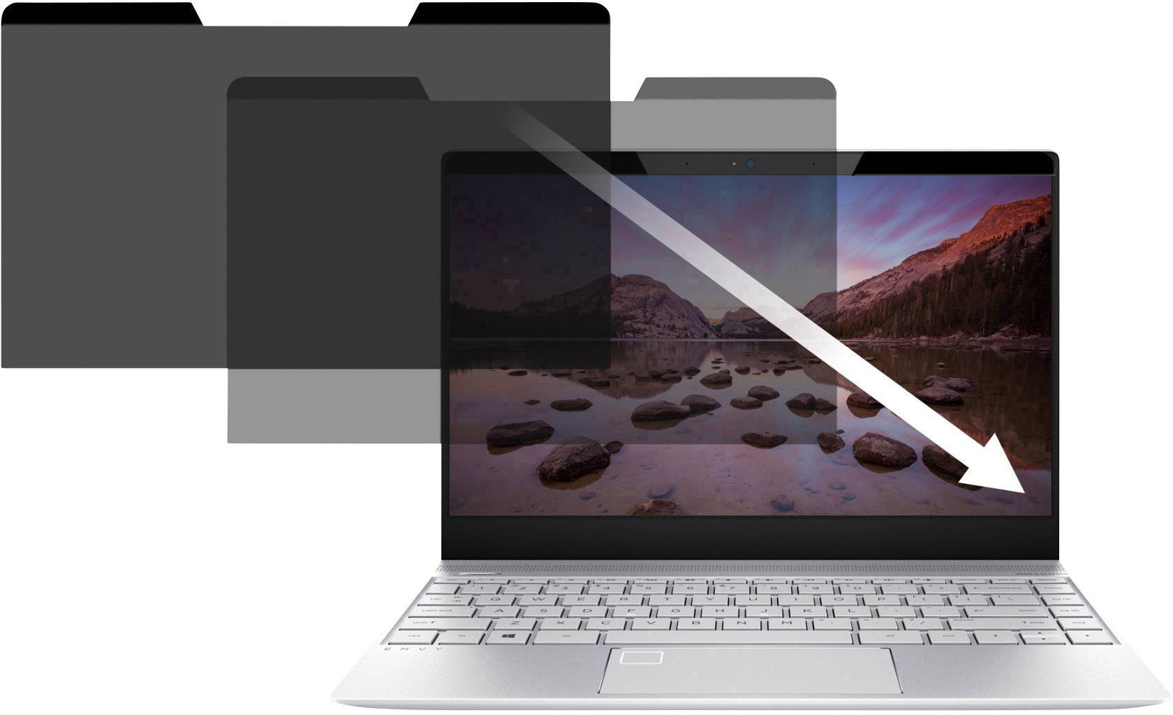 Notebook s filtrem soukromí na obrazovce zobrazuje krajinný obraz. Filtr brání pohledu z bočních stran.