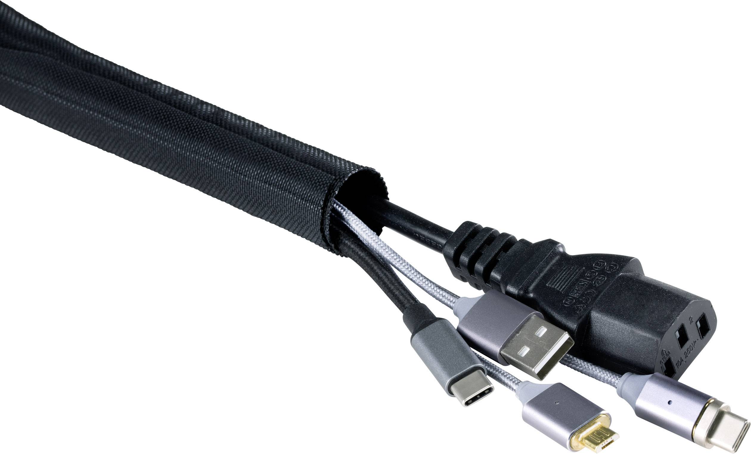 Čtyři různé typy kabelů v černém organizéru kabelů: USB-C, Micro-USB, Mini-USB a konektor IEC.