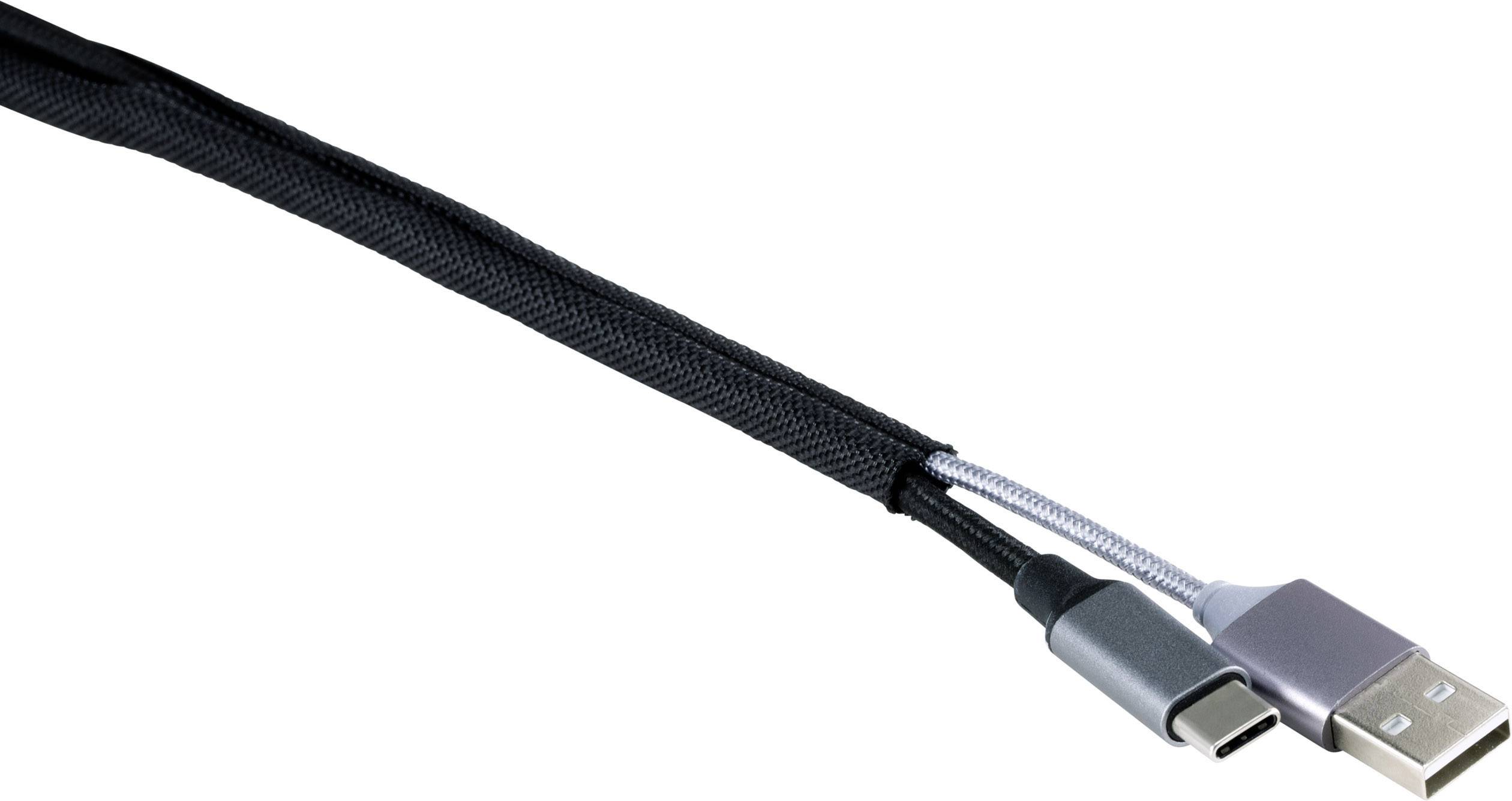 USB kabel s dvěma konektory: USB-A a USB-C. USB-A konektor je stříbrný, USB-C konektor černý, propojené opletaným kabelem.