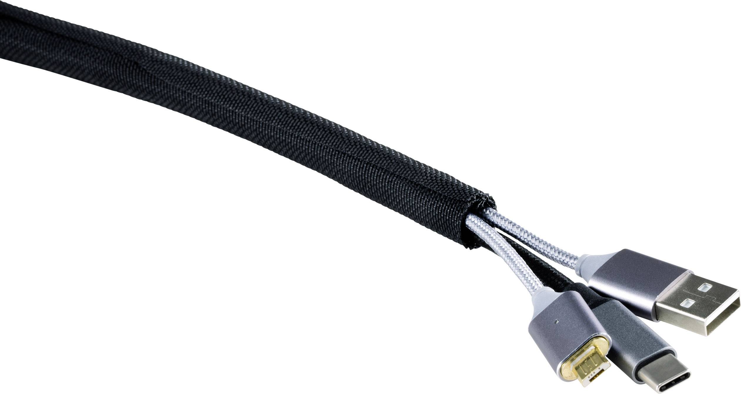 Tři černé kabely s různými konektory: USB, Lightning a USB-C, společně v černém krytu kabelu.