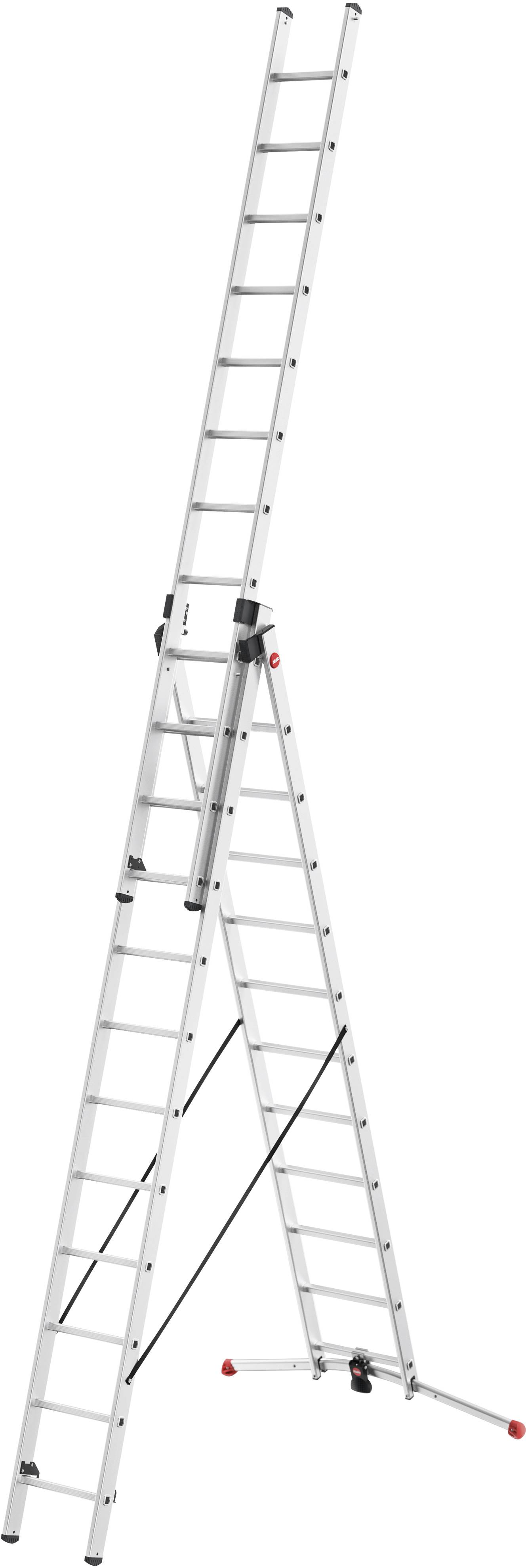Teleskopický žebřík z hliníku je vztyčen a ukazuje svou nastavitelnost a všestrannost. Vhodný pro práce v různých výškách.