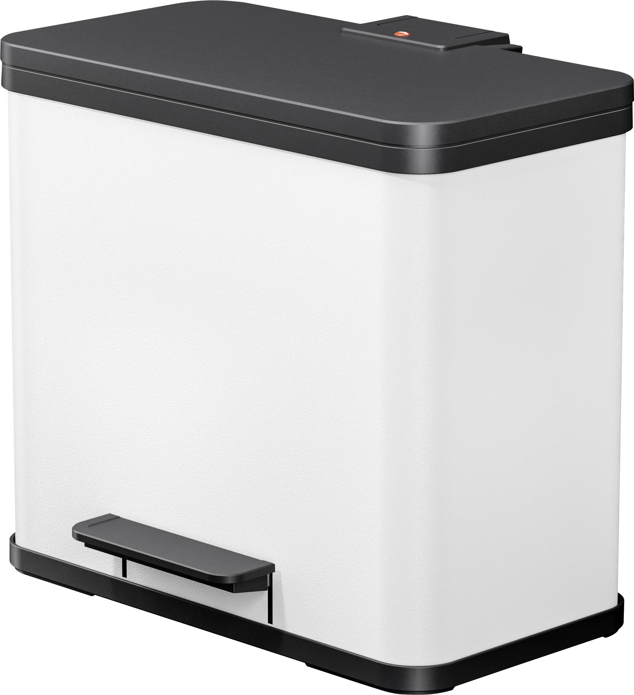 Obdélníkový odpadkový koš s kovovým nášlapným pedálem v bílé barvě a černým víkem. Ideální do kuchyně nebo kanceláře.