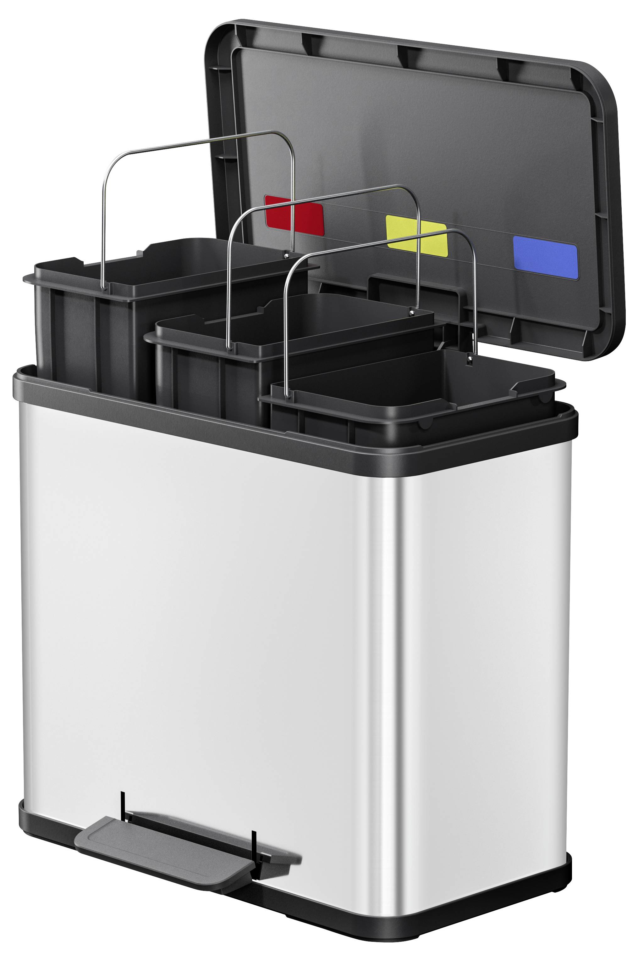 Kovový odpadkový koš s pedálovým mechanismem otevírání, víko otevřené, ukazuje tři oddíly s barevnými štítky pro recyklaci: červený, žlutý, modrý.