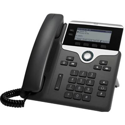 Telefon s mikrosluchátkem, displejem a klávesnicí; zobrazuje informace o hovoru na obrazovce. Vhodný pro komunikaci v kanceláři.
