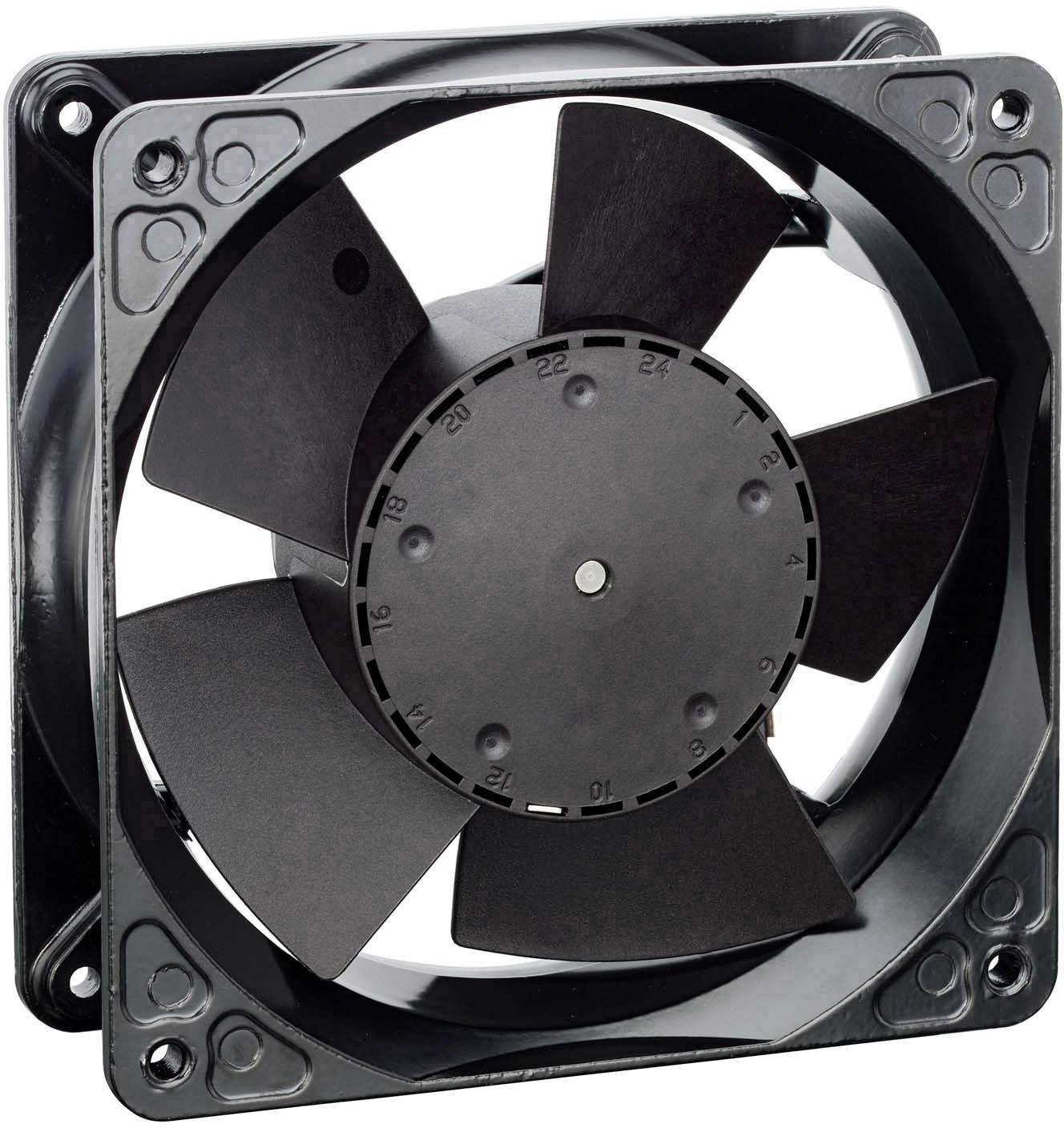 Černý počítačový ventilátor s pěti listy, namontovaný v čtvercovém rámu, pravděpodobně určený k chlazení počítačových komponentů.