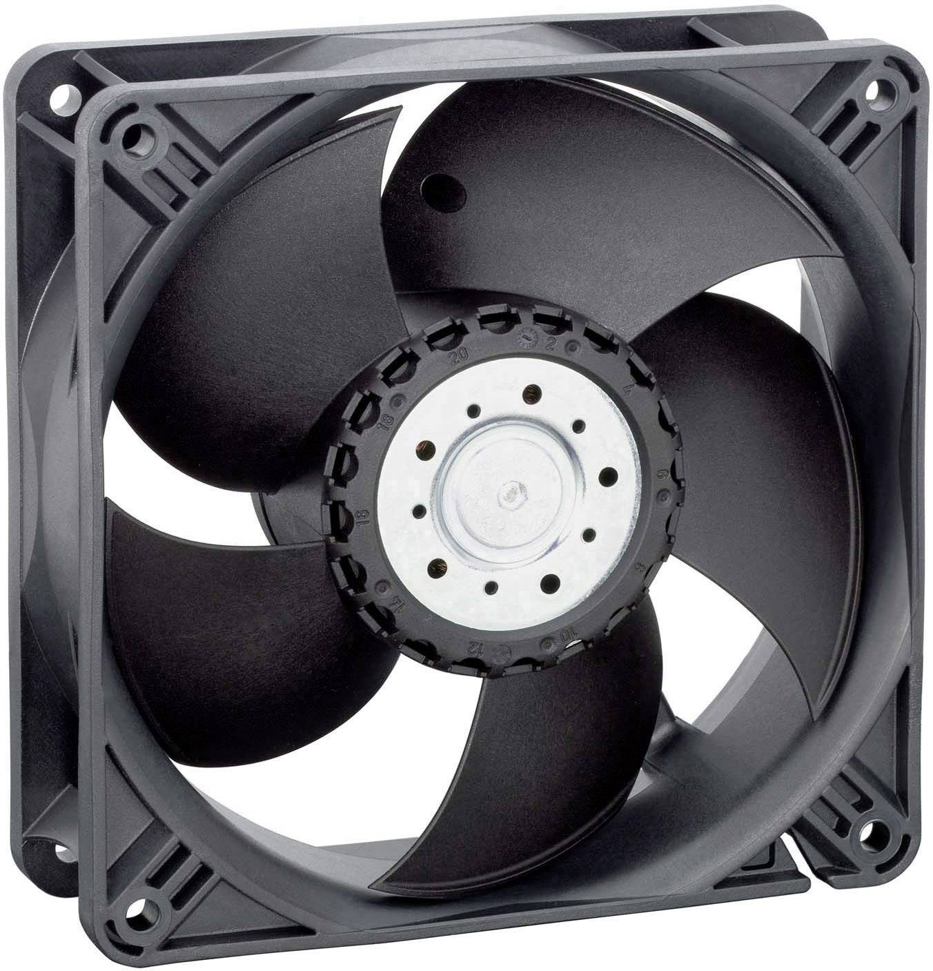 Ventilátor s pěti lopatkami v čtvercovém rámu, používaný pro chlazení elektronických zařízení.