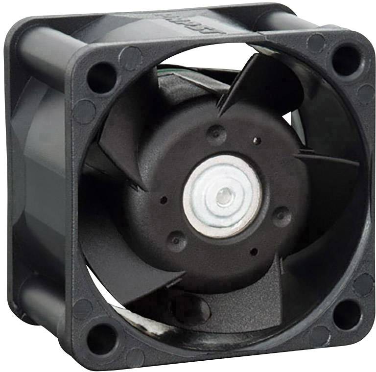 Malý čtvercový ventilátor z černého plastu se čtyřmi listy, často používaný v počítačích pro chlazení.