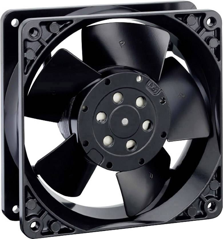 Černý počítačový ventilátor s pěti rotačními listy, namontovaný v čtvercovém rámu. Vhodný pro chlazení elektronických zařízení.