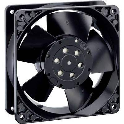 Černý počítačový ventilátor s pěti rotačními listy, namontovaný v čtvercovém rámu. Vhodný pro chlazení elektronických zařízení.