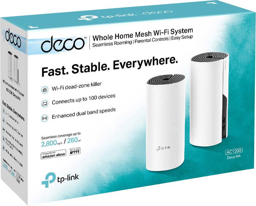 TP-Link Deco M4, síťový mesh Wi-Fi systém s pokrytím až 260 m², který propojí až 100 zařízení a nabízí vylepšené rychlosti v pásmu Dual-Band.
