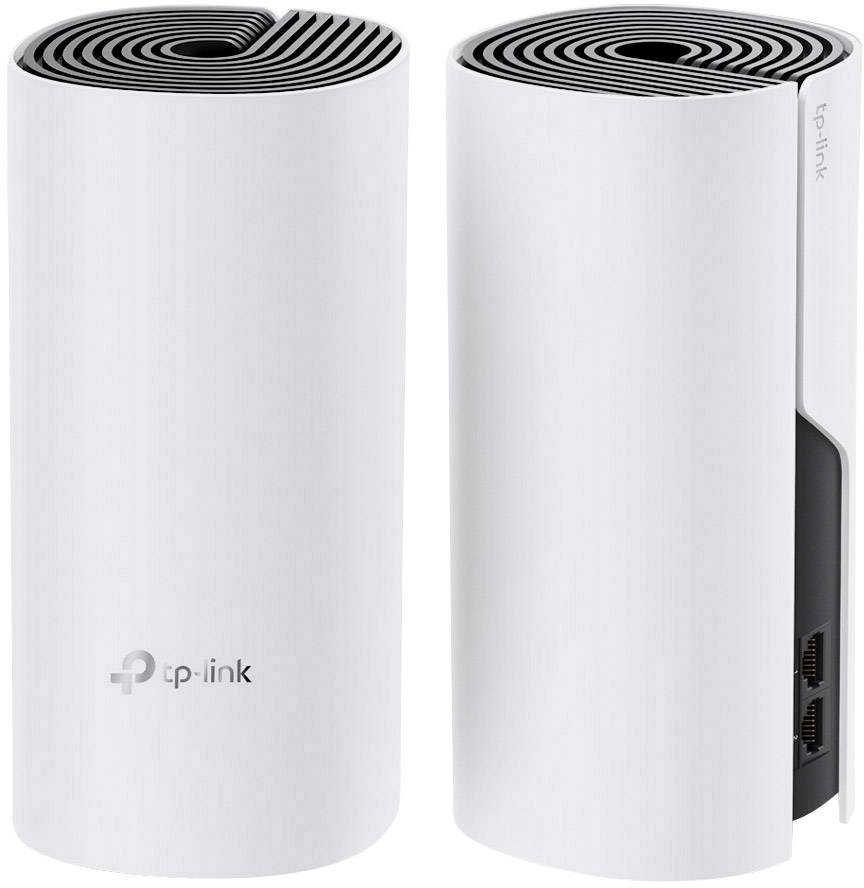 Dva bílé válcové přístroje s logem TP-Link, na zadní straně opatřené ethernetovými porty, určené pro bezdrátové domácí síťové připojení.