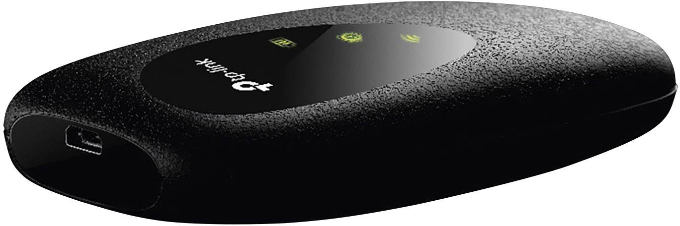 Černý, přenosný mobilní Wi-Fi router se svítícími symboly na horní straně pro síť, Wi-Fi a indikaci baterie.