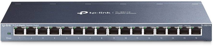 Šedý 16portový ethernetový switch od TP-Linku s indikačními LED diodami síťového připojení nad jednotlivými porty, model TL-SG1016.