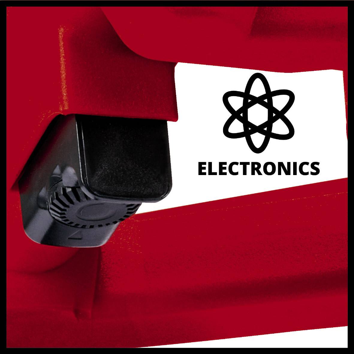 Červený plastový kryt s štítkem zobrazujícím symbol atomového modelu a nápis 'ELECTRONICS'. Vlevo je umístěno černé tlačítko.