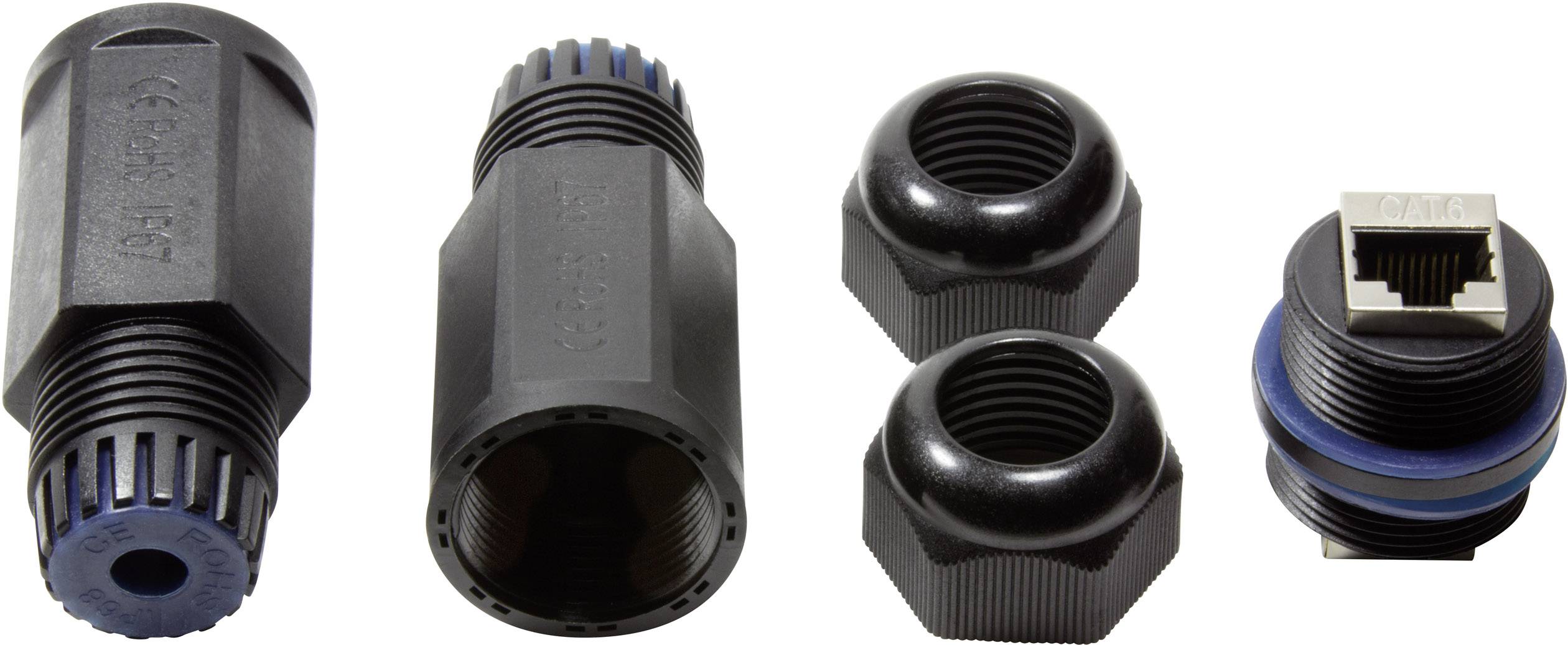 Různé černé plastové spojovací prvky, včetně krytů závitů a konektoru RJ45 s modrou těsnicí průchodkou, izolované na bílém pozadí.