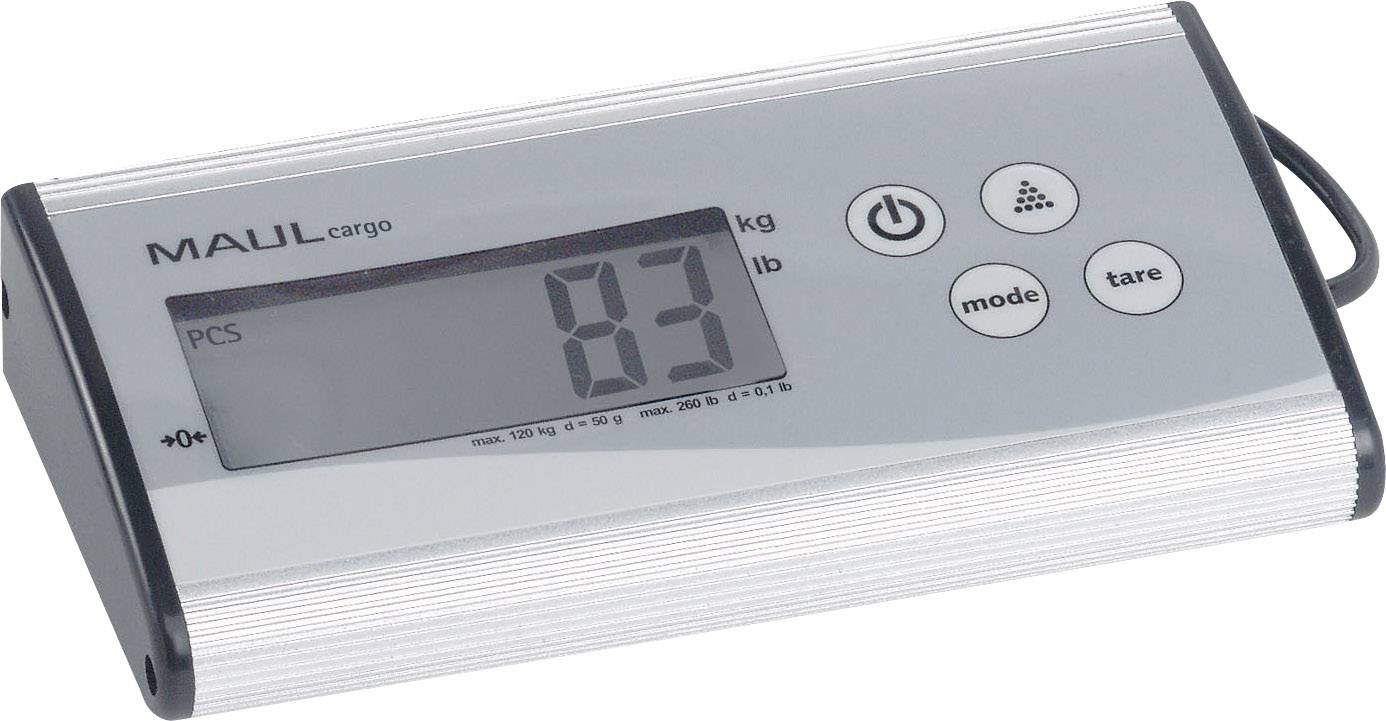 Digitální kufříková váha ukazuje hmotnost 83 kilogramů, obklopena ovládacími tlačítky jako 'Tára' a 'Režim'.