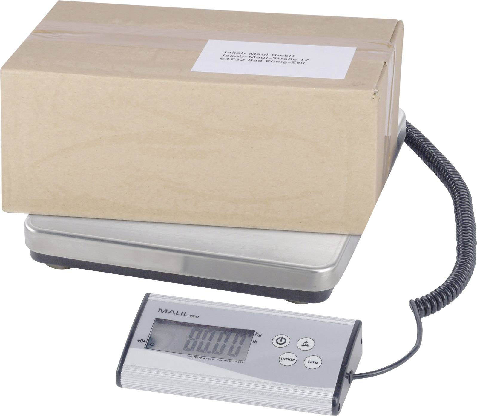 Hnědý balík na digitální váze. Displej ukazuje '800 g'.