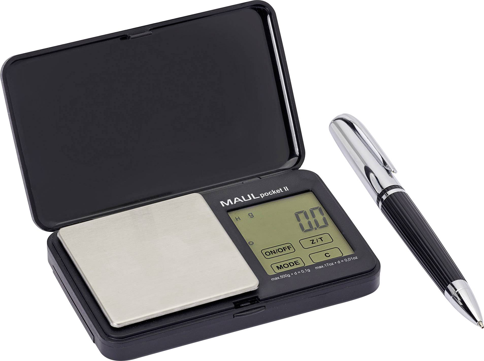 Kompaktní digitální kapesní váha 'Maul Pocket II' s vážicí plochou z nerezové oceli, LCD displejem a poznámkovým blokem, ideální pro přesné vážení na cestách.