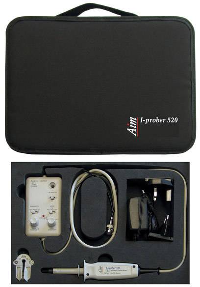 Nákupní taška s nápisem 'Aim I-prober 520'. Uvnitř: měřicí přístroj s příslušenstvím, včetně sondy, kabelu a síťového adaptéru.