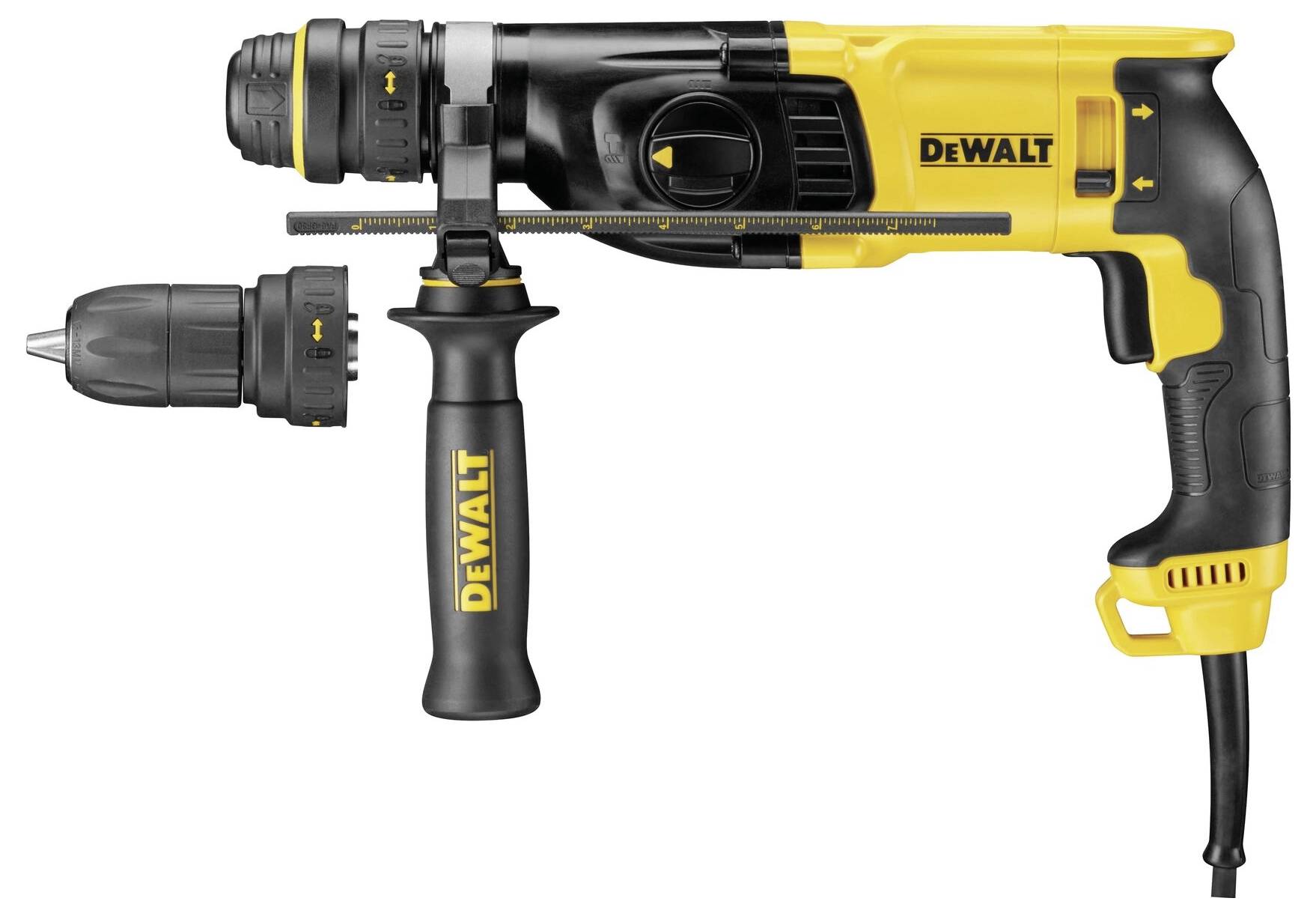 Vrtačka DeWalt v černé a žluté barvě, s vyměnitelným sklíčidlem, s bočním úchytem pro stabilizaci. Ideální pro domácí kutily.