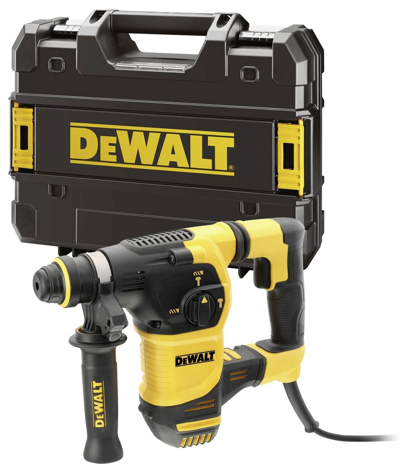 Žlutý a černý příklepový kladivo značky DeWalt, stojící před černým DeWalt kufrem. Ideální pro stavební a renovační práce.
