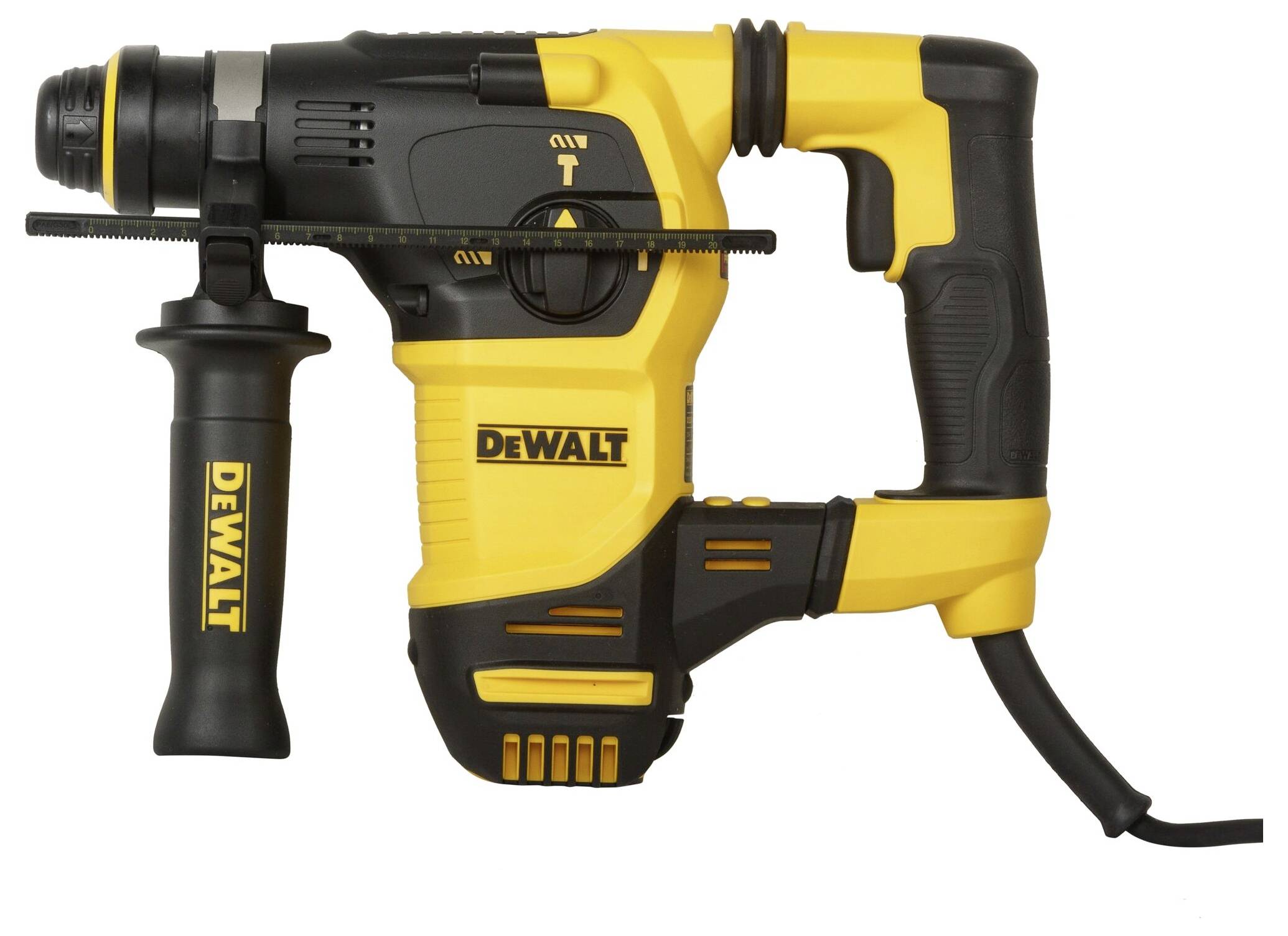 Obrázek ukazuje žlutočerný příklepový vrtací kladiv značky DeWalt s prodlouženou boční rukojetí.