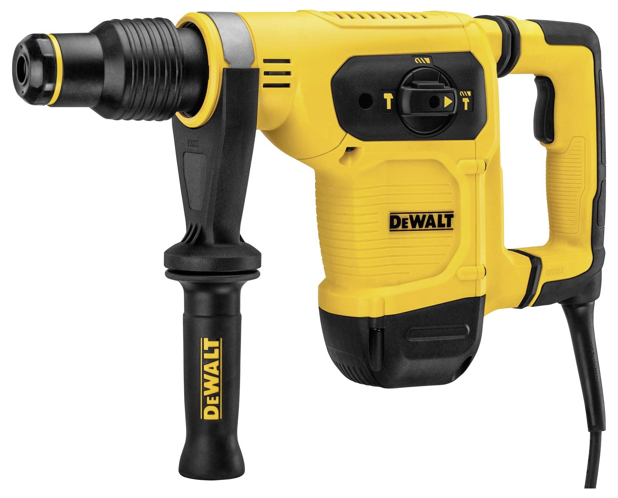 Žlutý DeWalt vrtací kladivo s černou rukojetí a kabelem.