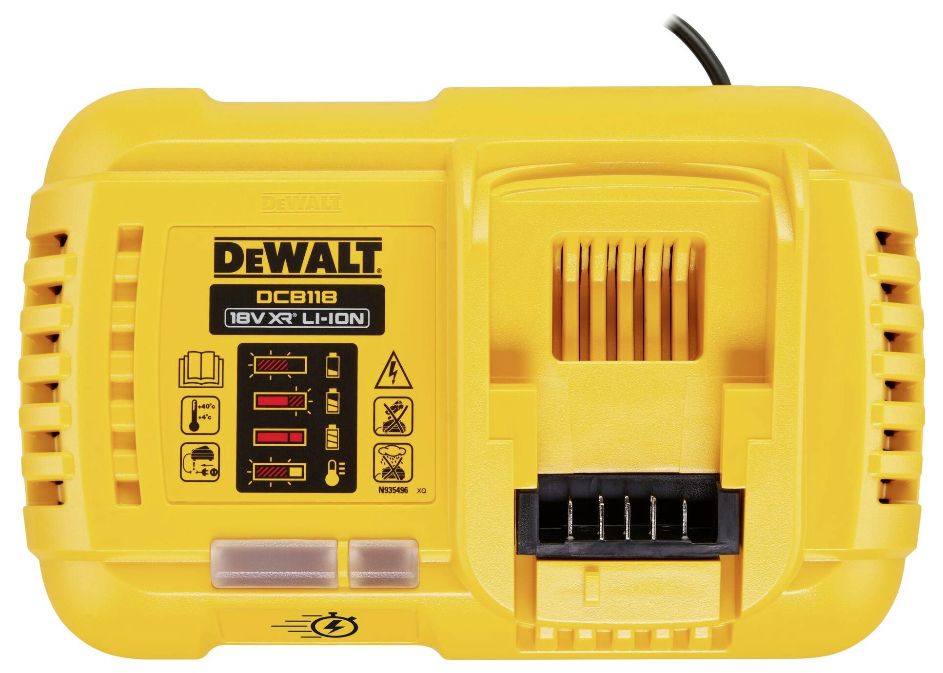 Žluté nabíječ s nápisem 'DEWALT DCB118 18V XR Li-ION', s různými symboly pro použití baterie a větracími otvory.