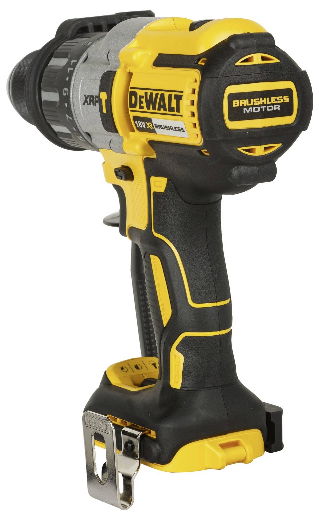 Akumulátorový šroubovák/vrtačka značky DeWalt s žluto-černým tělem, označený štítkem "Brushless Motor". Určený primárně pro vrtání a šroubování.