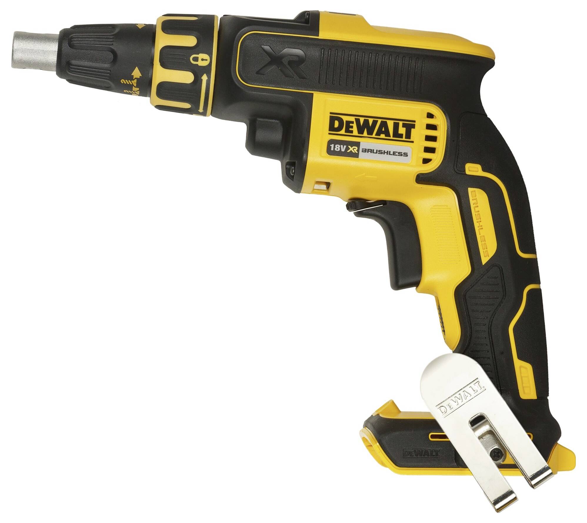Aku šroubovák v žluto-černém provedení, značka DeWalt, 18V, včetně opasku na nářadí.